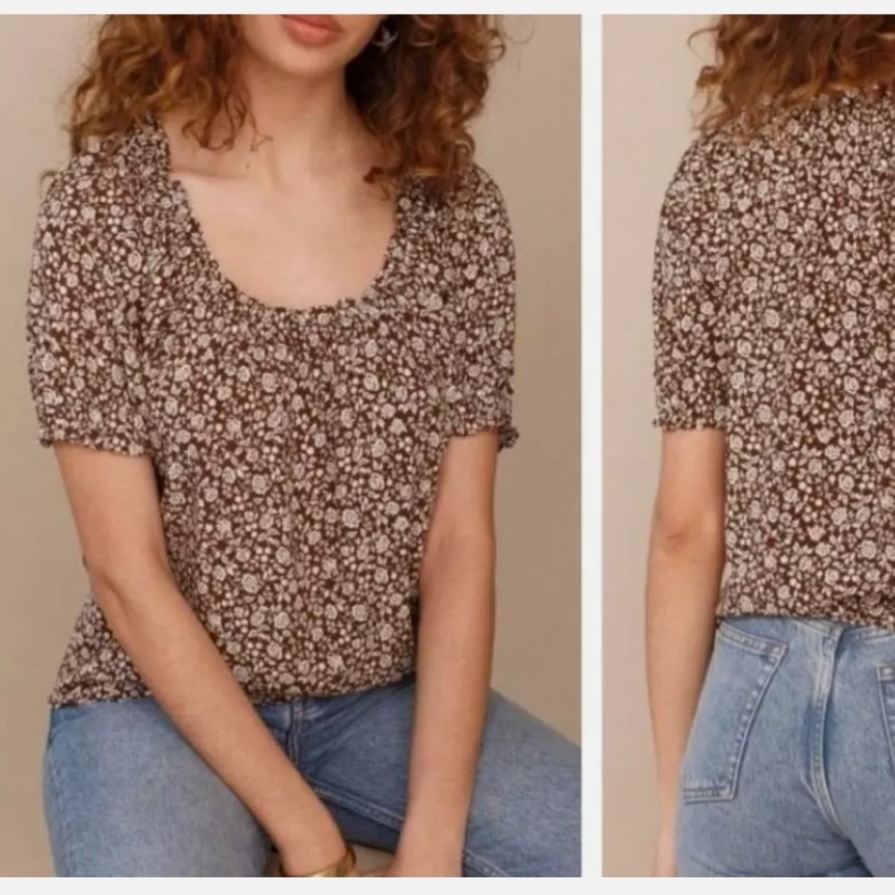 Reformation Cheyanne Floral Print Ruffle Short Sleeve Top Blouse